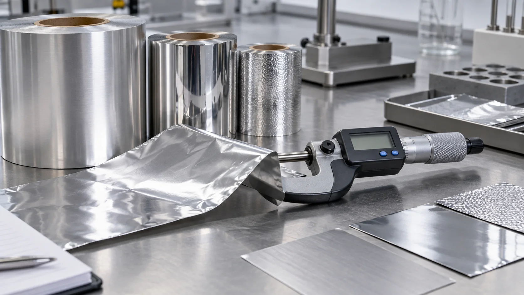 Aluminium foil samples and a micrometer on a quality-control bench