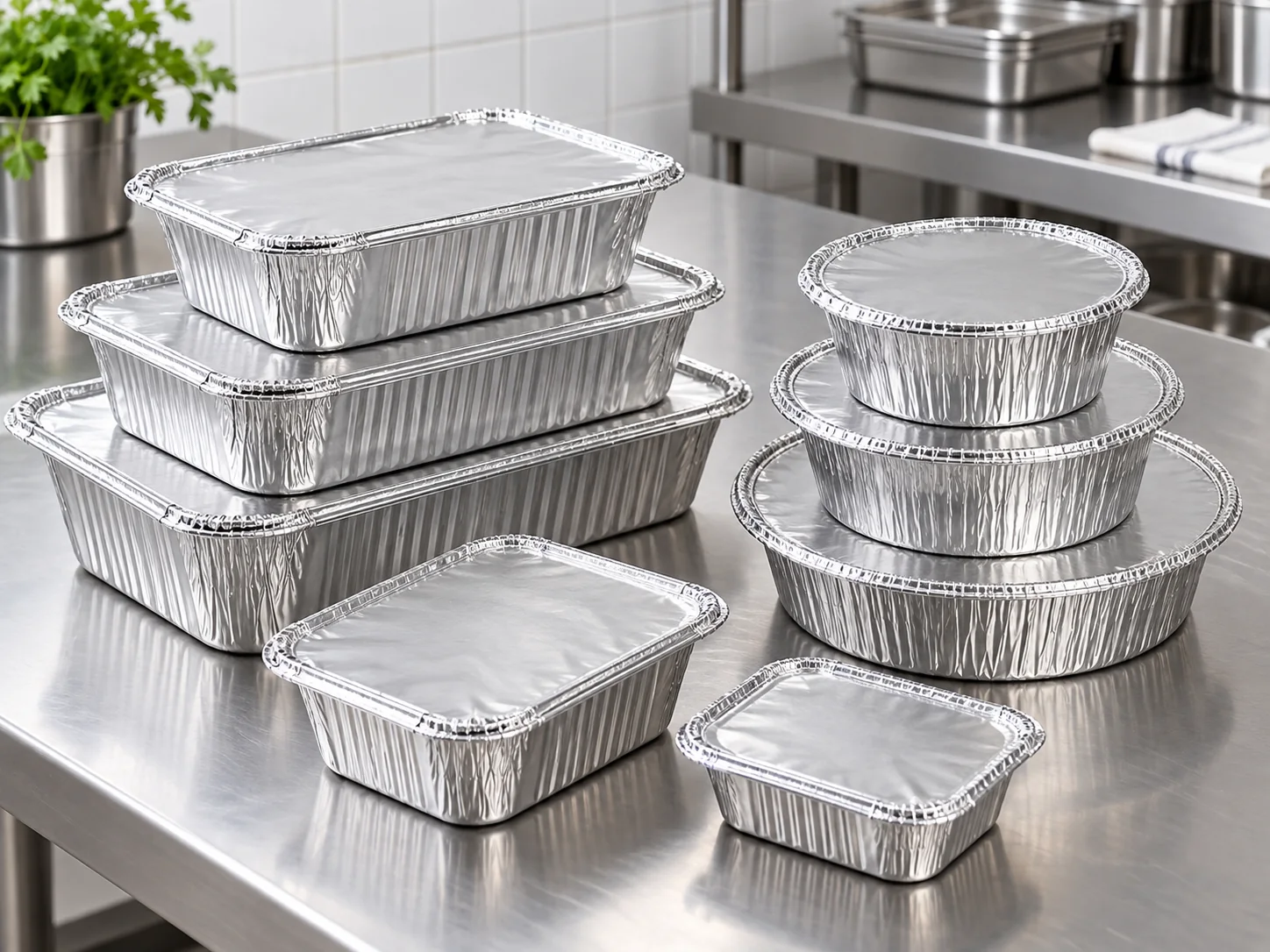 Assortment of aluminium foil food containers with lids