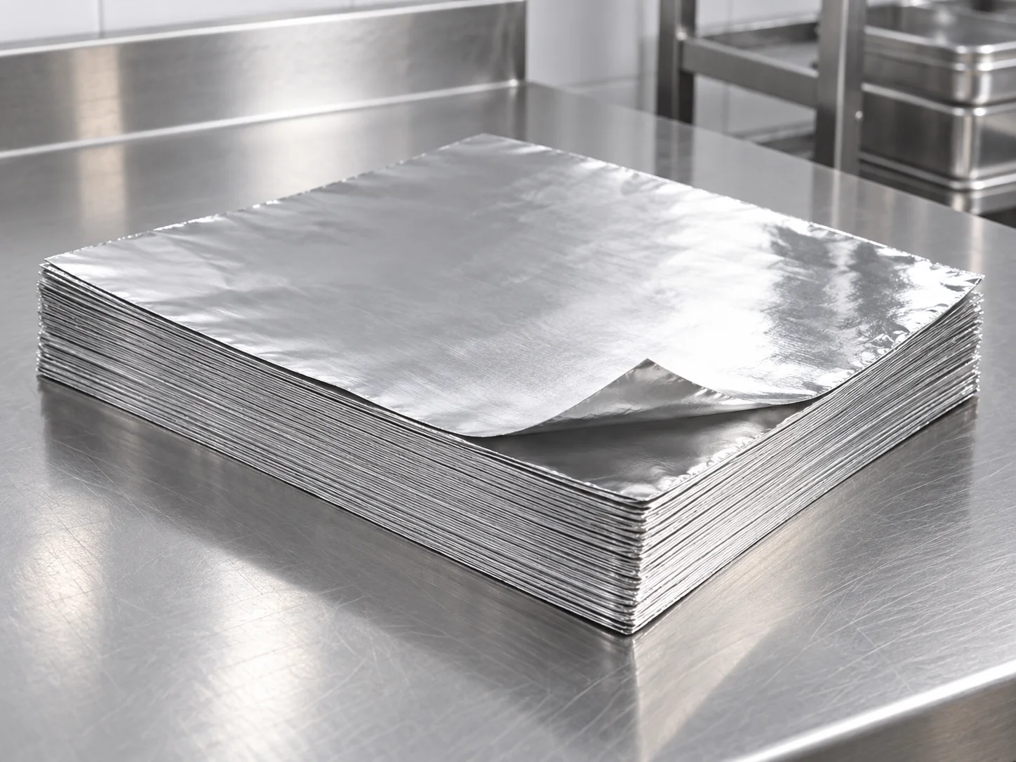 Stack of pre-cut aluminium foil sheets