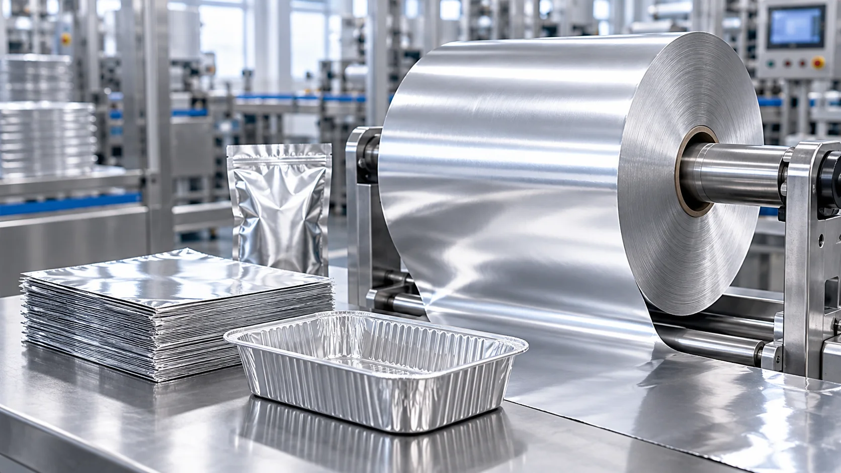 Aluminium foil rolls, sheets, flexible packaging, and food containers in a modern production facility