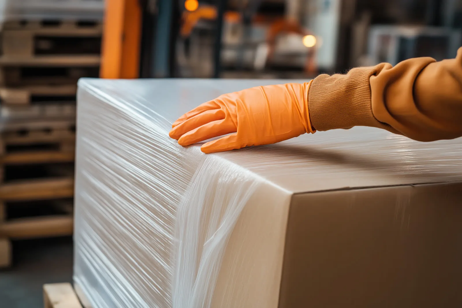 Stretch film securing a palletized load in a warehouse