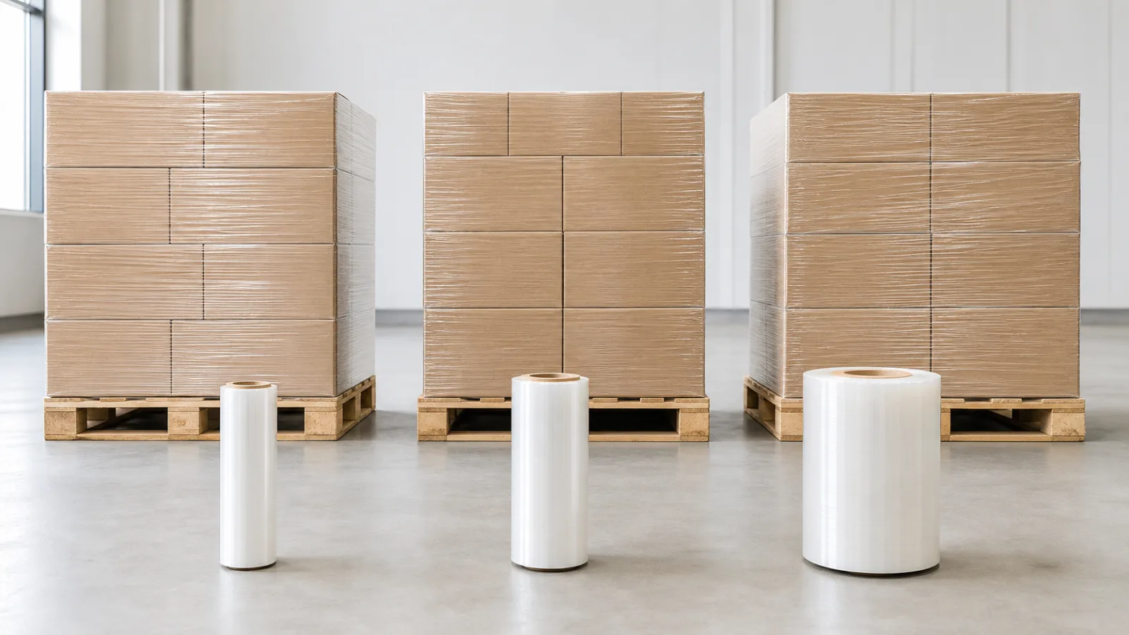 Tightly wrapped pallet loads and stretch film rolls for thickness selection