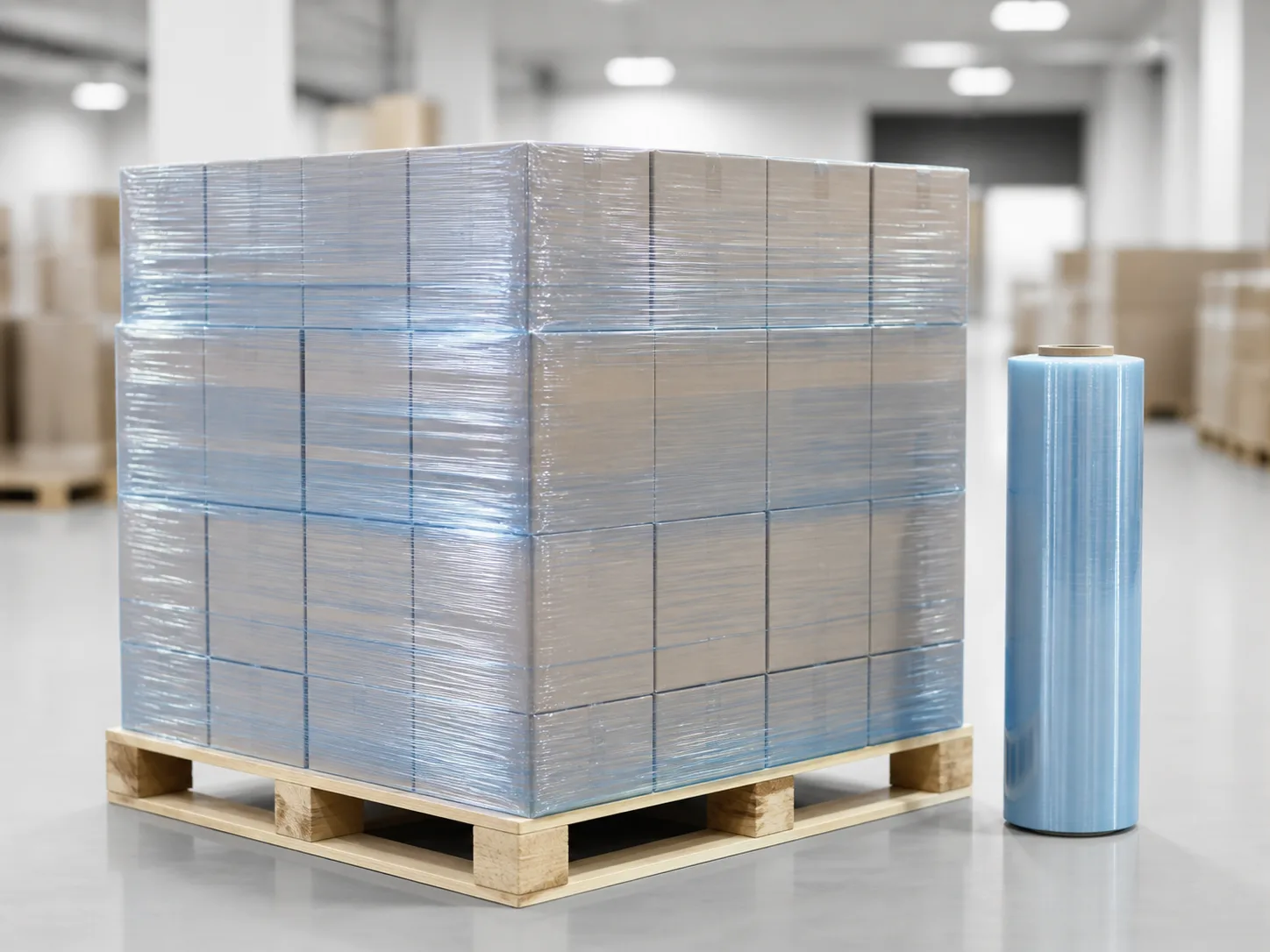 Antistatic stretch film securing palletized cartons